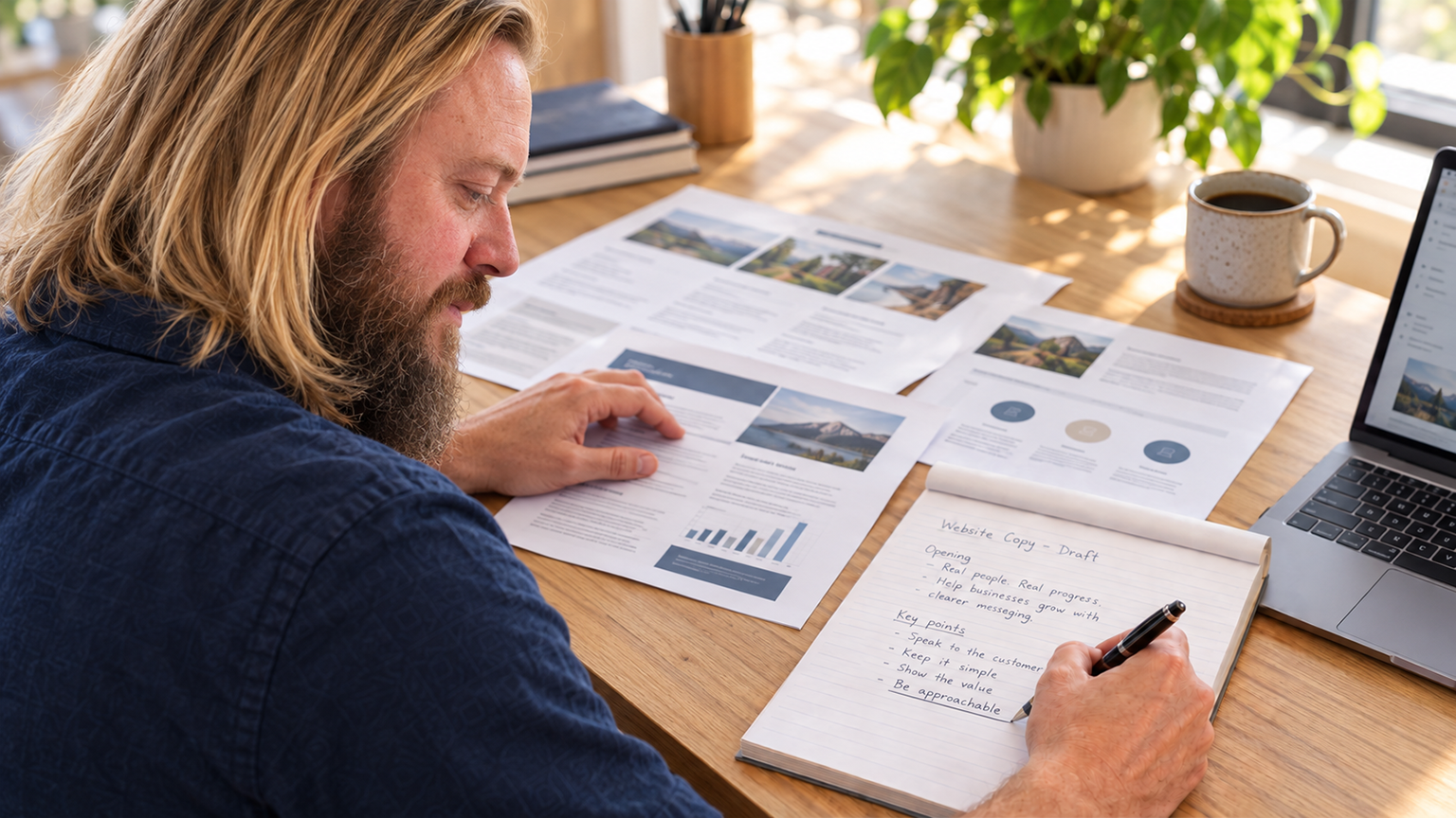Gavin Coombs underlining handwritten copy on a ruled pad beside printed business documents