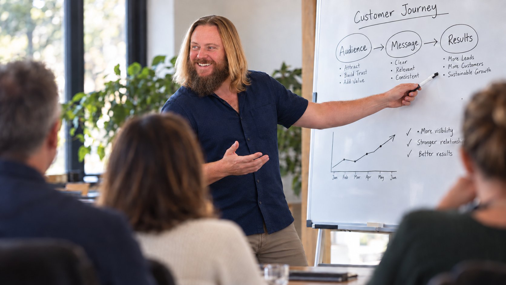 Gavin Coombs leading a marketing workshop and pointing to a whiteboard